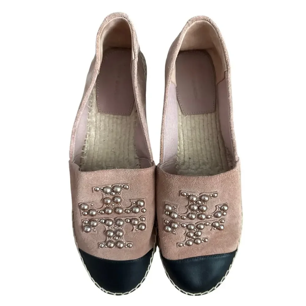Tory Burch Pearl Logo Espadrille Flats Sensory  Suede Meadowsweet Size 10.5